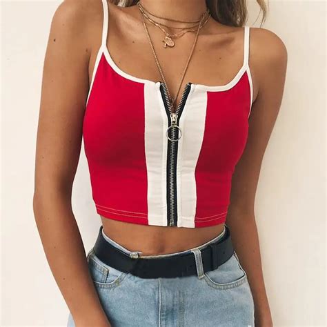 2018 New Fashion Red White Patchwork Zipper Fly Women Crop Tops Cotton