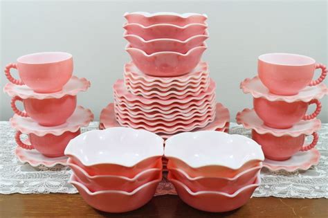 Hazel Atlas Pink Crinoline Glass Ruffled Dishes Trios Teacups Plates