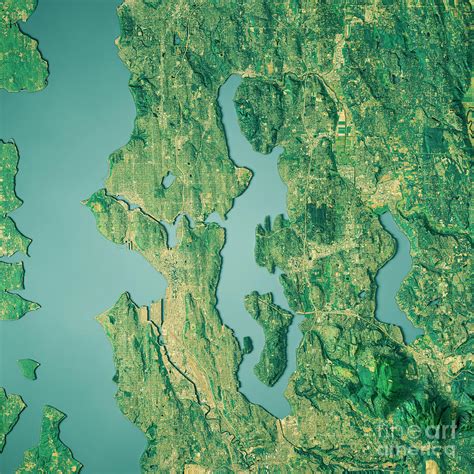 Lake Washington 3d Render Topographic Map Color Digital Art By Frank