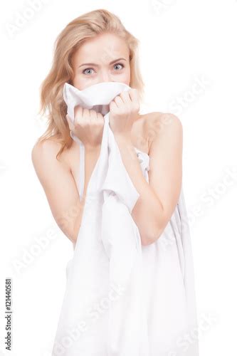 Beautiful Naked Girl Covered With A White Cloth On A White Background