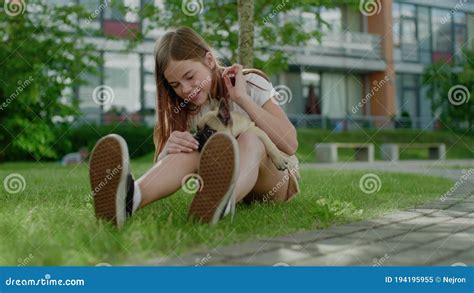 Lovely Girl Plays With Her Dog In Yard Stock Video Video Of Joyful
