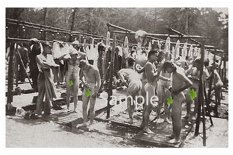 Vintage 1940 S Photo Reprint Muscular Nude Soldiers Bathe Together In Europe During Wwii Gay