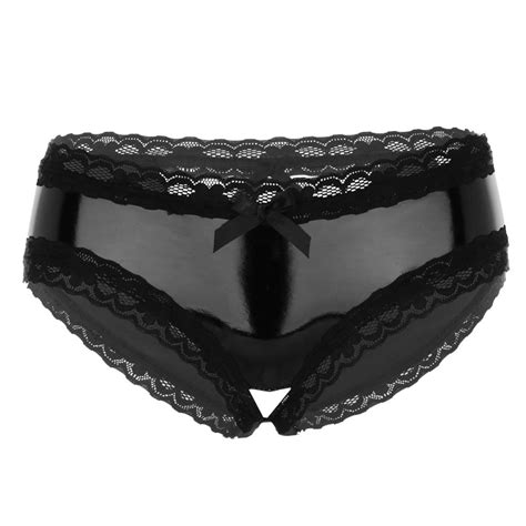 Women Lingerie Wet Look Patent Leather Lace Open Crotch V Back Mini Briefs Underwear Women S