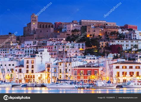 Ibiza Dalt Vila Downtown At Night With Light Reflections In The Water