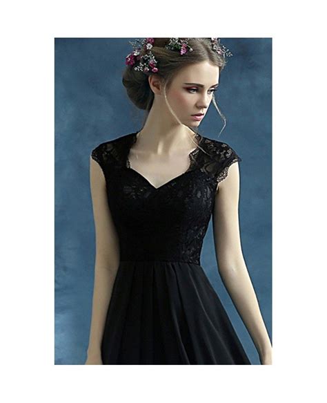 Black A Line V Neck Floor Length Chiffon Bridesmaid Dress With Lace
