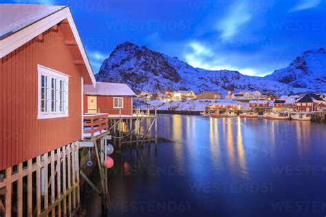 Norway Lofoten Islands Fishing Village Sorvagen At Night Stock Photo