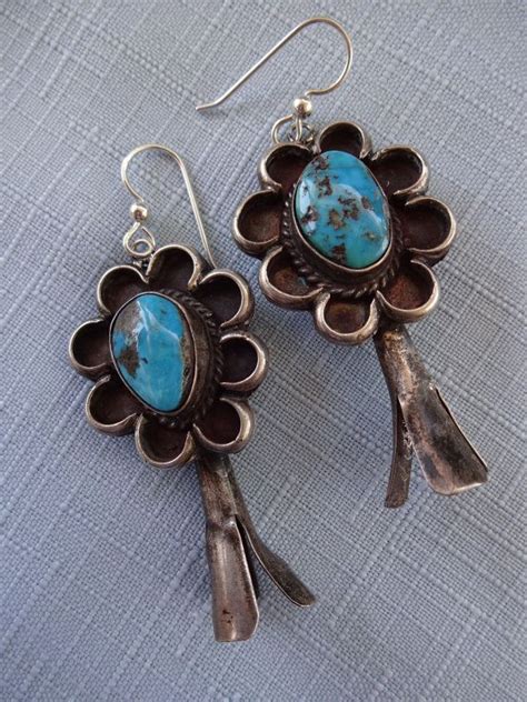 Vintage Navajo Sterling Silver Turquoise Squash Blossom Earrings