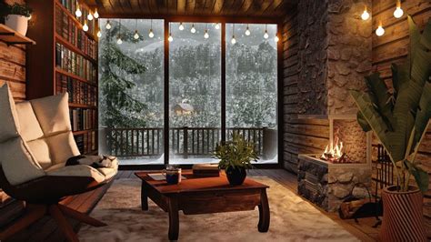 Winter Cozy Cabin In Snowstorm Ambience Fireplace Howling Wind