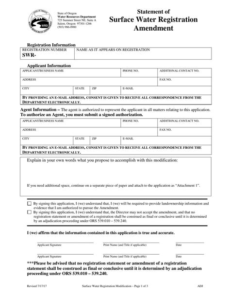 Oregon Statement Of Surface Water Registration Amendment Fill Out