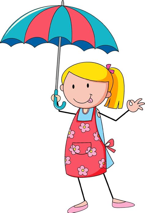 Cute Girl Holding Umbrella Doodle Cartoon Character Isolated 3188647