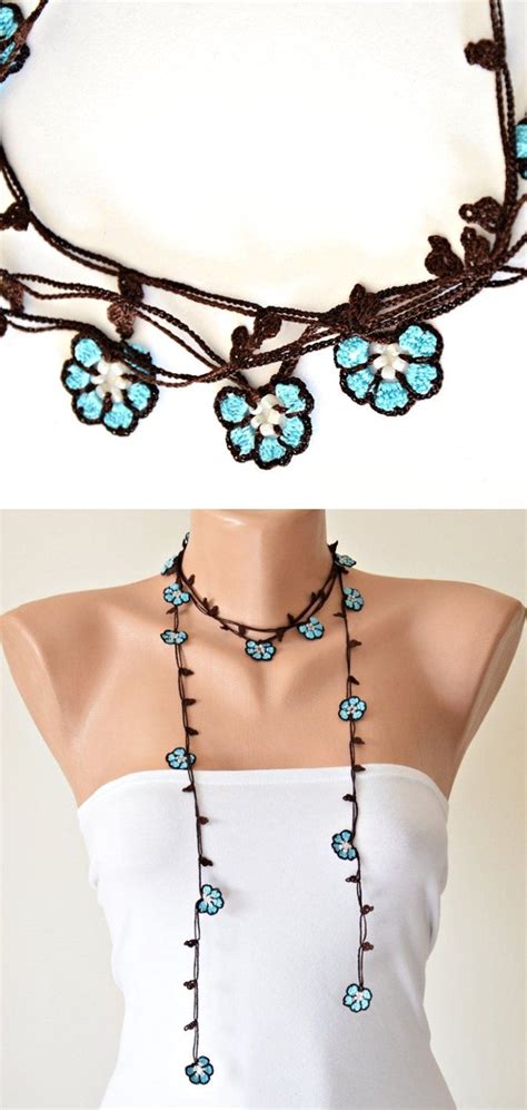 Turquoise Wrap Necklace Oya Beaded Lariat Crochet Wrap Necklace