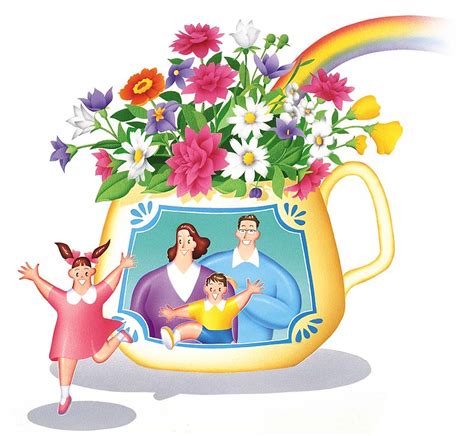 家族イラスト 花びんに花、虹、ファミリーのイラスト