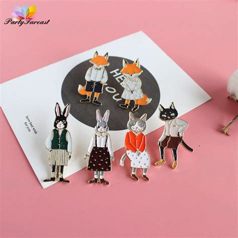 Pf Cute Animal Badges Fox Rabbit Cartoon Anime Icons On Clothes Metal