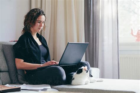 Young Woman On A Couch Working From Home On A Laptop With A Cat