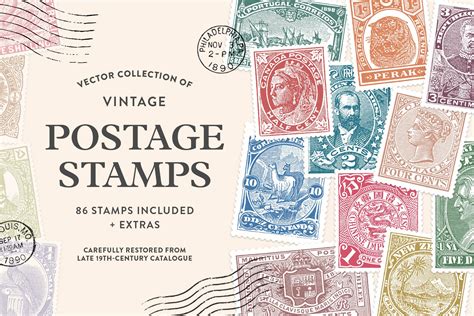 Vintage Postage Stamps Collection Pre Designed Photoshop Graphics
