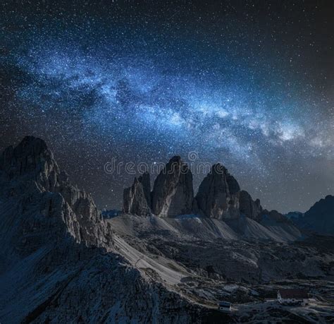 Milky Way Over Tre Cime In Dolomites At Night Stock Image Image Of