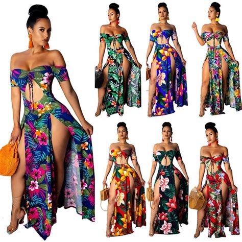 gorgeous new fashion summer women floral print sexy lace up off shoulder high slit maxi dress wish