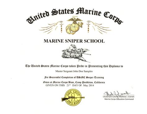 Marine Sniper School Course Certificate Military Certificates Medals