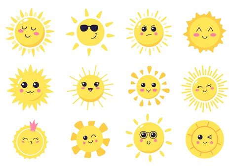 Premium Vector Happy Cartoon Sun Hand Drawn Cute Smiling Suns Sunny