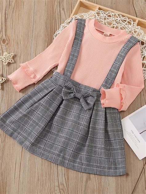 Toddler Girls Rib Knit Tee And Plaid Bow Front Pinafore Skirt Set Shein