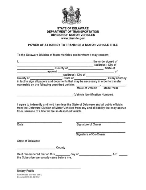Free Delaware Motor Vehicle Power Of Attorney Form