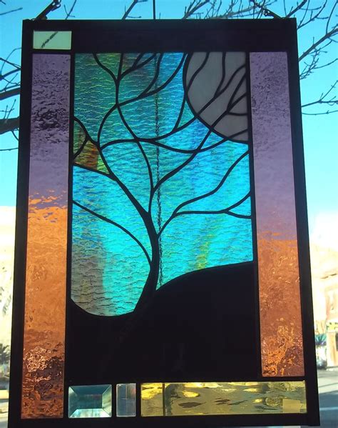 Moonlit Tree Stained Glass Window With Rare Green And Turquoise Bevels Romantic 149 00 Via