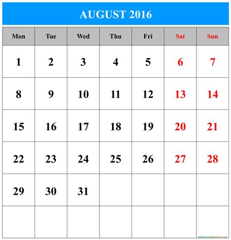 August Calendar 2016 Printable Free Printable Calendar Template