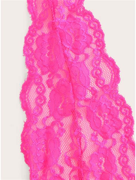 Buy Shein Neon Pink Floral Lace Sheer Teddy Bodysuit Online Topofstyle