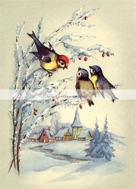 Instant Art Printable Download Vintage Christmas Snow Birds Etsy In