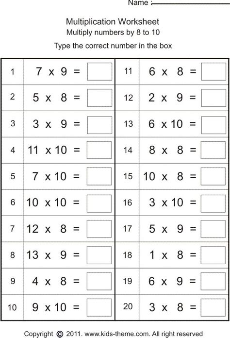 worksheets for kids | Multiplication Worksheets - Multiply Numbers by 8