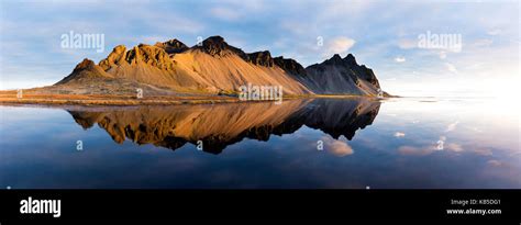Panoramic View Of Mountains Of Vestrahorn And Perfect Reflection In
