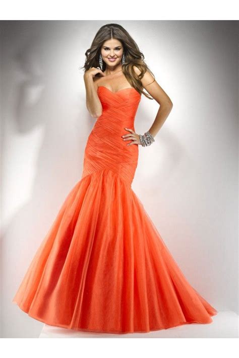 Simple Mermaid Strapless Sweetheart Long Orange Tulle Pleated Prom