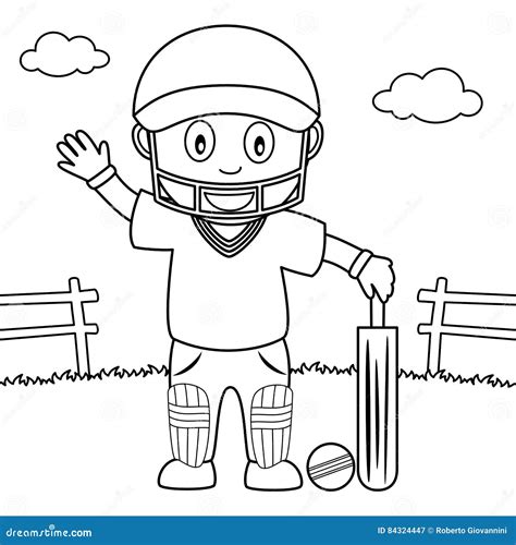 Coloring Boy Playing Cricket In The Park Stock Vector Illustration Of