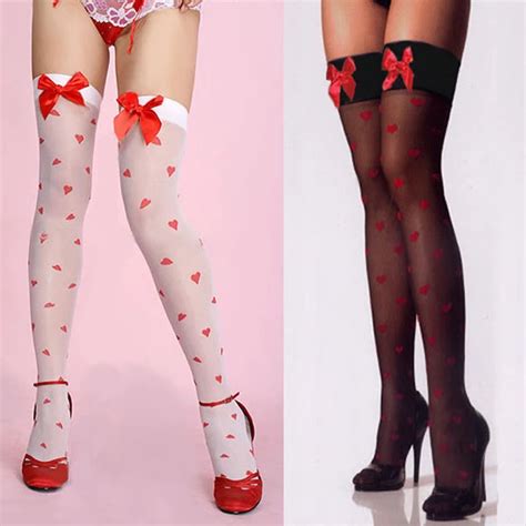 free shipping sexy colorful silk stockings women cute bowknot red hearts thigh highs stockings