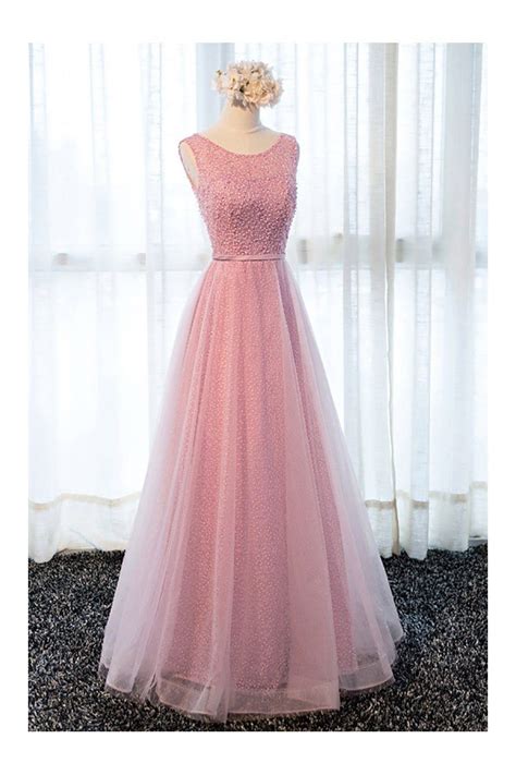 Gorgeous Rose Pink Long Beaded Formal Prom Dress With Tulle Beading