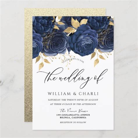 Navy Blue Roses And Gold Glitter Wedding Card