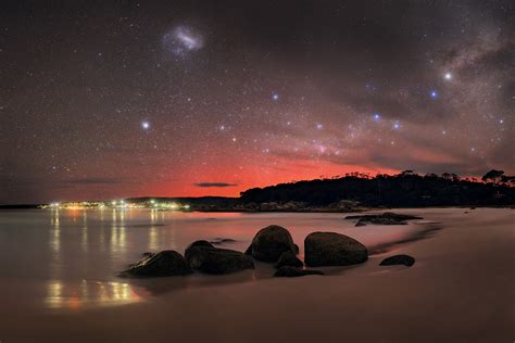 Aurora Australis Southern Cross Milky Way Galaxy And Large Magellanic