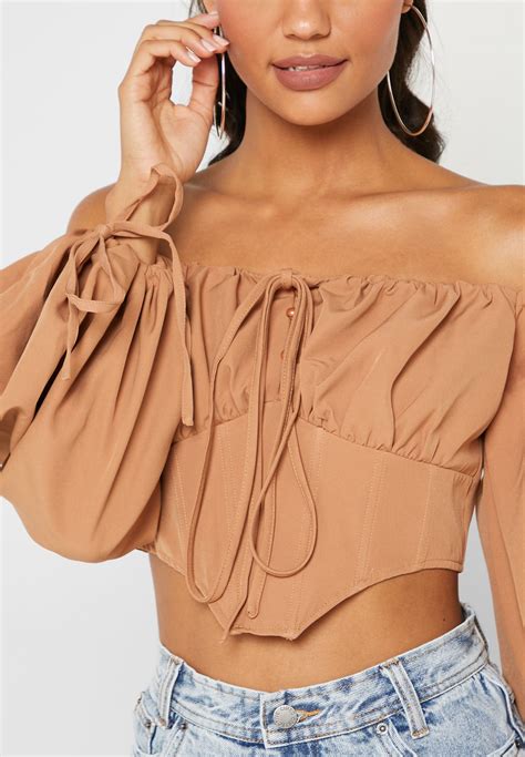 Buy Missguided Brown Bardot Balloon Sleeve Detail Corset Top For Women