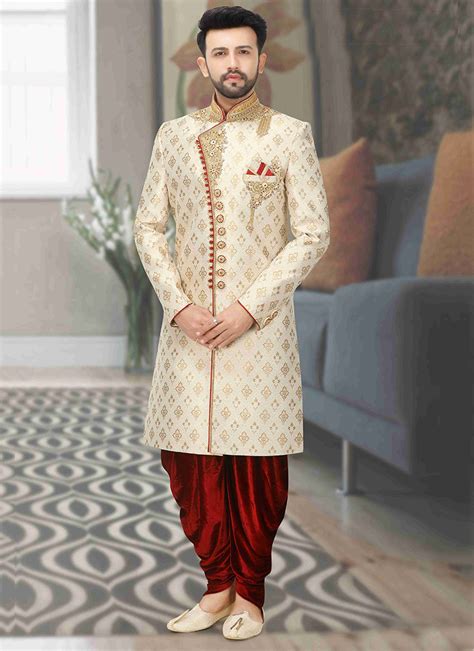 Buy Cream Brocade Embroidery Work Wedding Wear Dhoti Sherwani Online