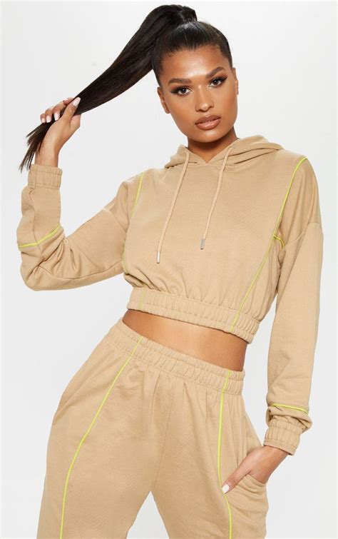 Sand Contrast Binding Crop Hoodie Cropped Hoodie Clothes For Women Fashion
