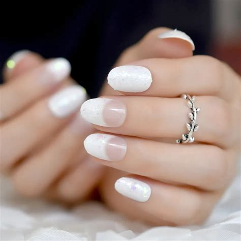 So Natural 24 Pack Short White Nails Sequins Oval Small French Nail