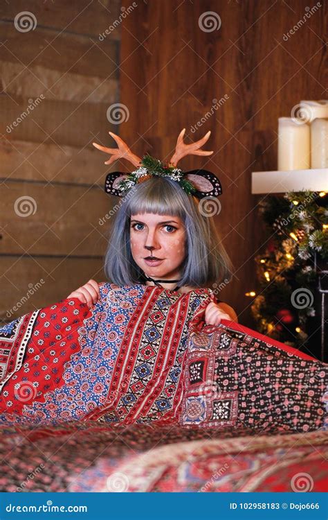 Beautiful Girl In A Christmas Deer Costume On Bed Stock Image Image