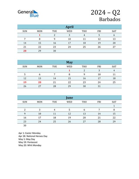 Q2 2024 Quarterly Calendar With Barbados Holidays
