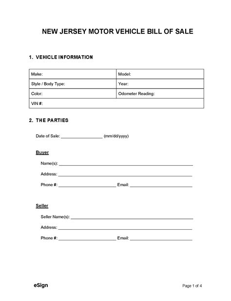 Free New Jersey Bill Of Sale Forms Pdf Word
