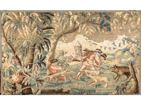 Aubusson Tapisserie En Laine Polychrome Représentant Une Scène De Chasse Dans Une Verdure Au