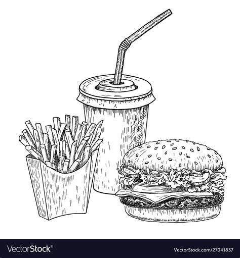 Hamburger French Fries And Cola Hand Drawn Vector Image