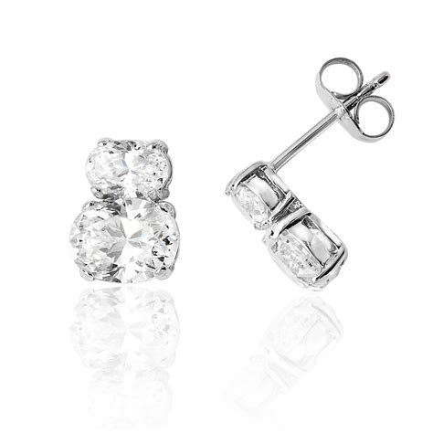 Silver And Rhodium Cubic Zirconia Oval 2 Stone Earring In A Claw