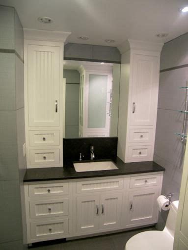 In a bathroom where lines are heavily used as a design element, a vanity cabinet countertop can provide an attractive contrast. bathroom vanity with linen cabinet | Hand Made Bathroom ...