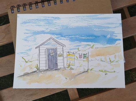 2 Original Beach Huts Watercolour Pen Drawing Paintings Etsy Uk