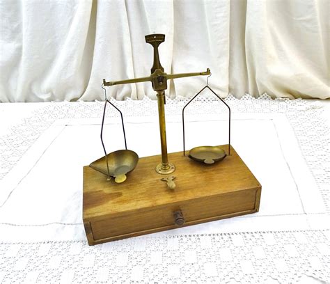 Antique French Brass Equal Arm Beam Balances With Wooden Draw Vintage